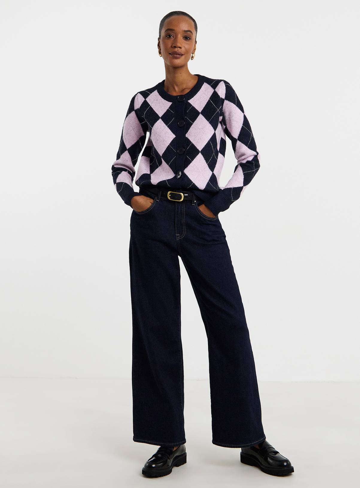 JD WILLIAMS Diamante Argyle Crew Neck Cardigan 12-14 - Image 3